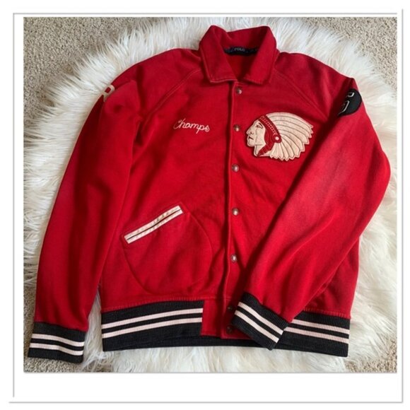 Polo Ralph Lauren Varsity Jacket Indian Chief New York Red Cream Size Large - Picture 1 of 16